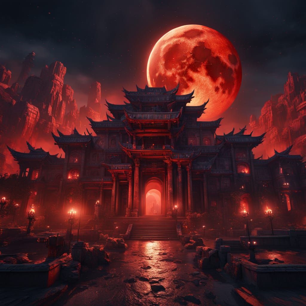 Epic Fantasy Cityscape Under Blood Moon Illumination