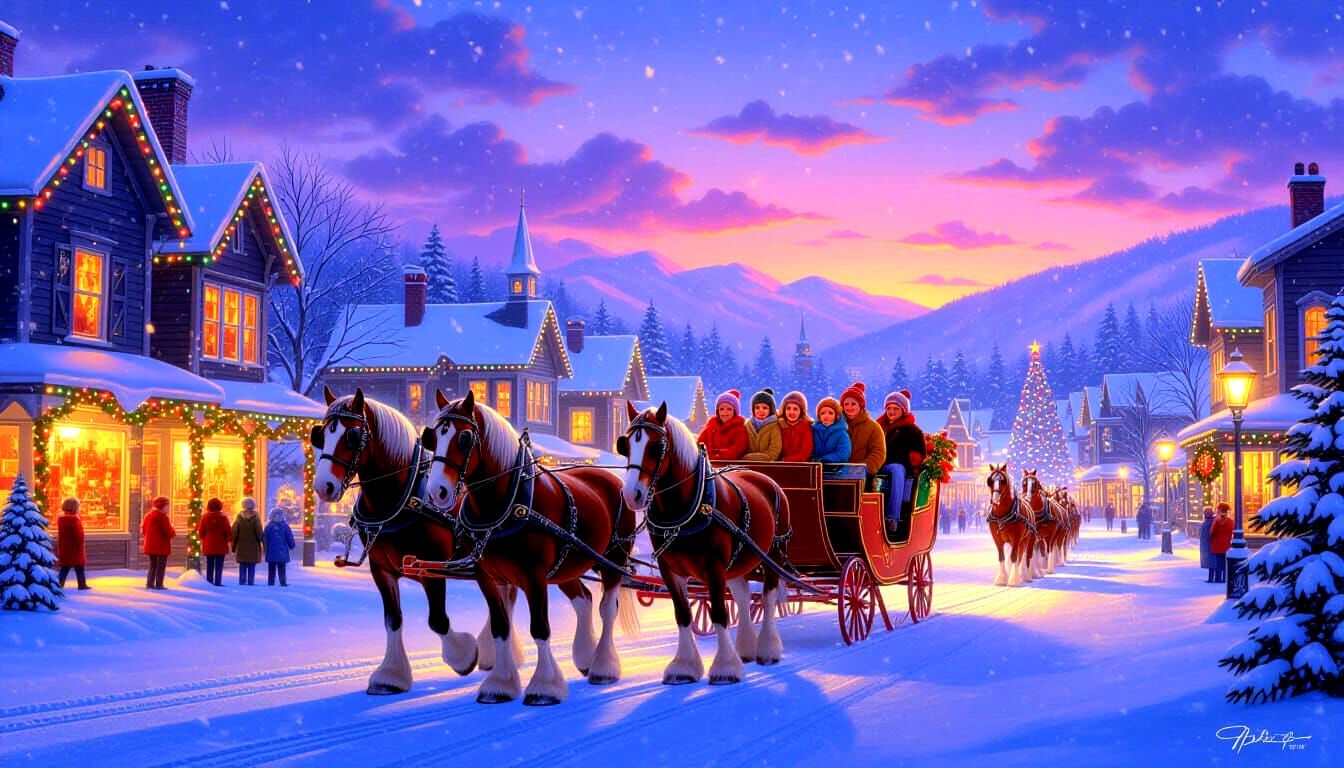 Magical Winter Town with Horse Drawn Sleigh