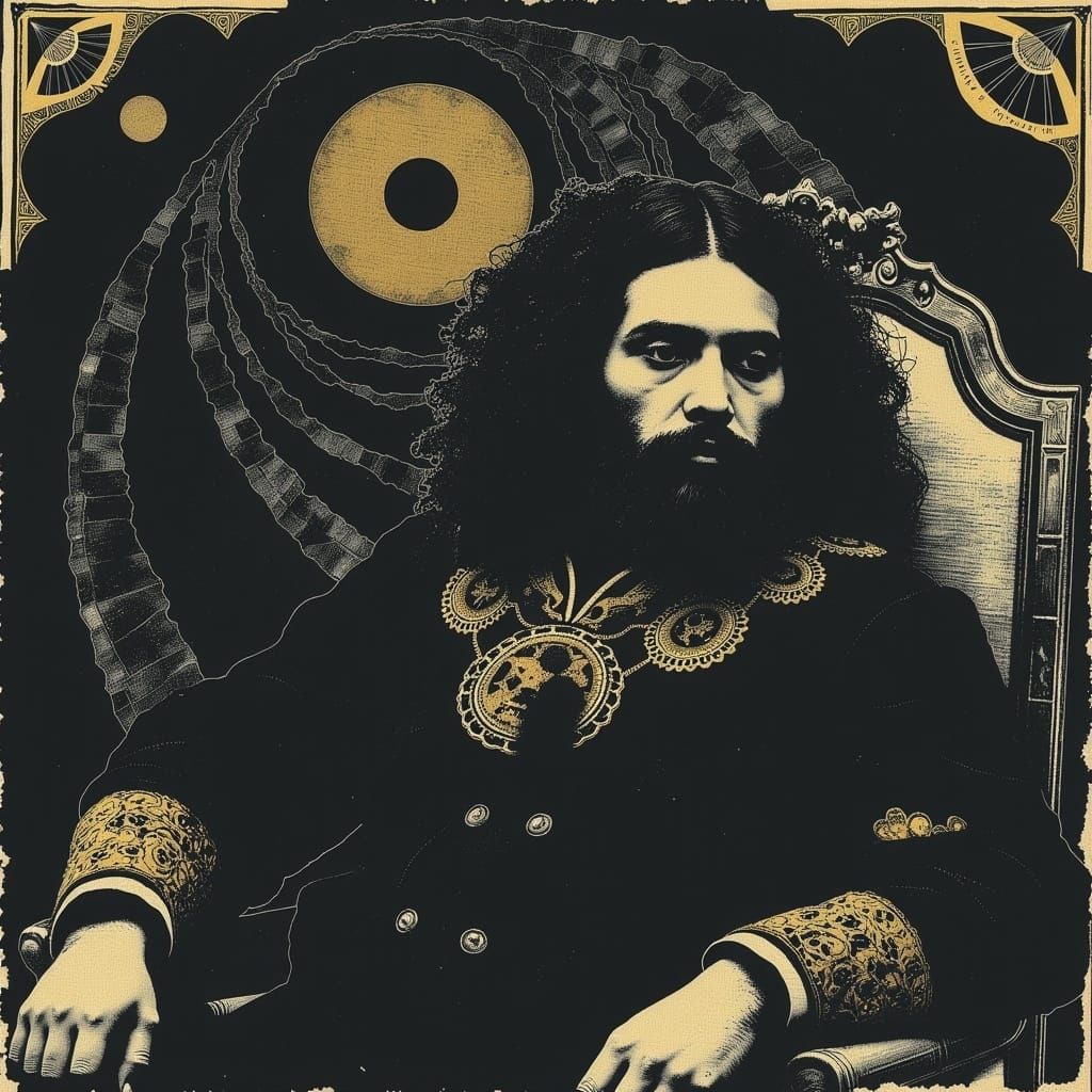 Regal Rasputin in Baroque Style with Labyrinthine Background