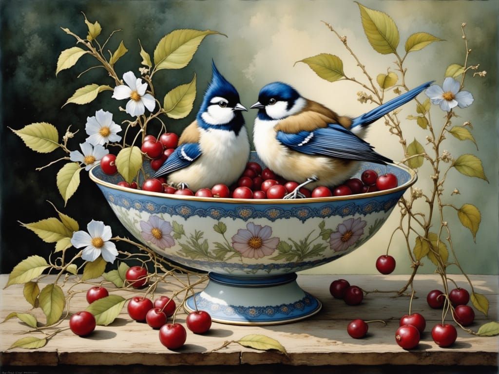 Fluffy Birds Perch on Cherries in a Garden Setting, in Whims...