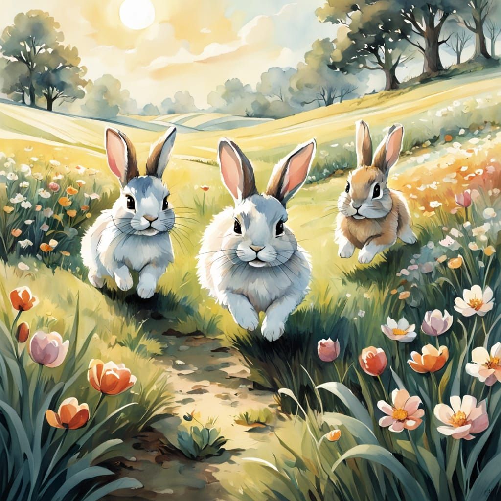 Whimsical Spring Bunnies in Watercolor Style