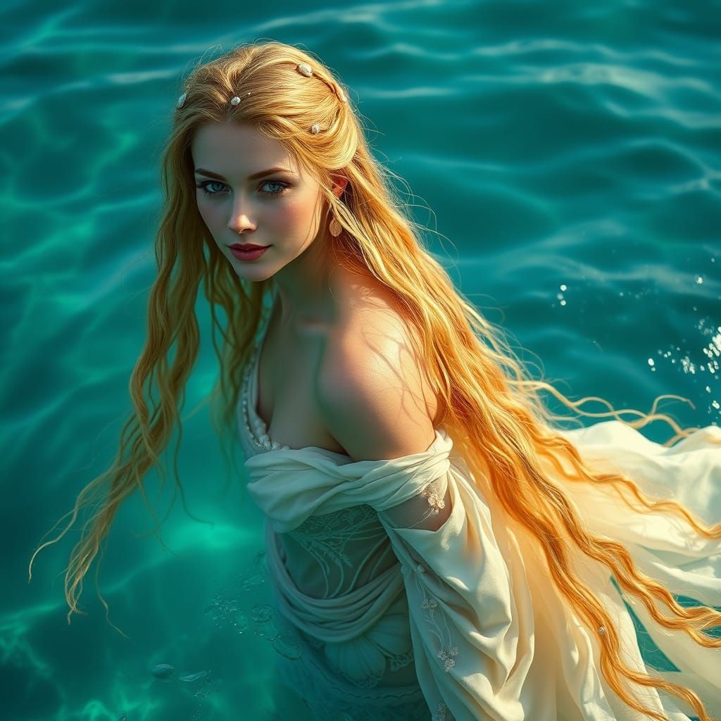 Ethereal Goddess Emerges from Turquoise Waters in Golden Spl...