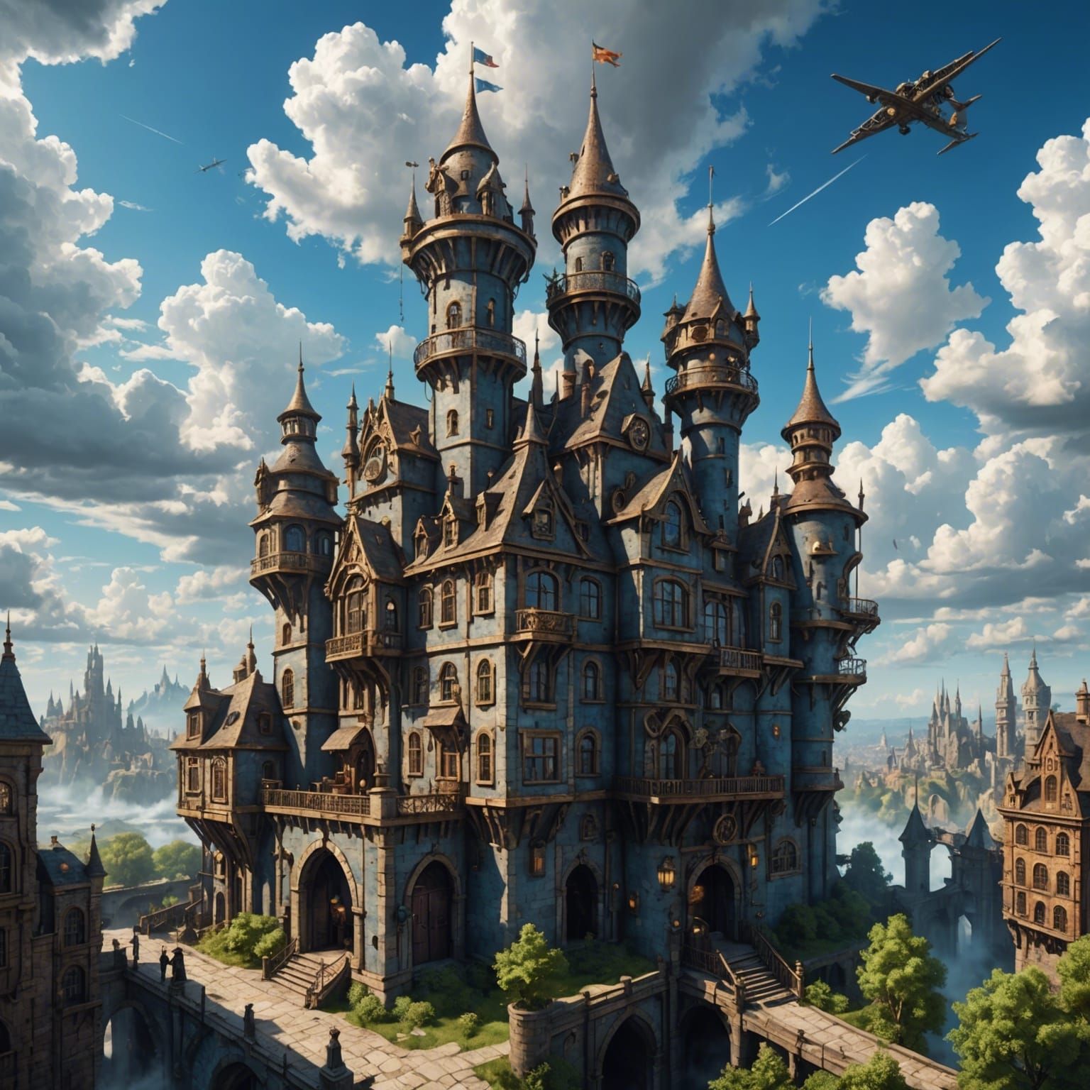 Picture of a steampunk castle in a utopian steampunk city concept art cloudy blue sky