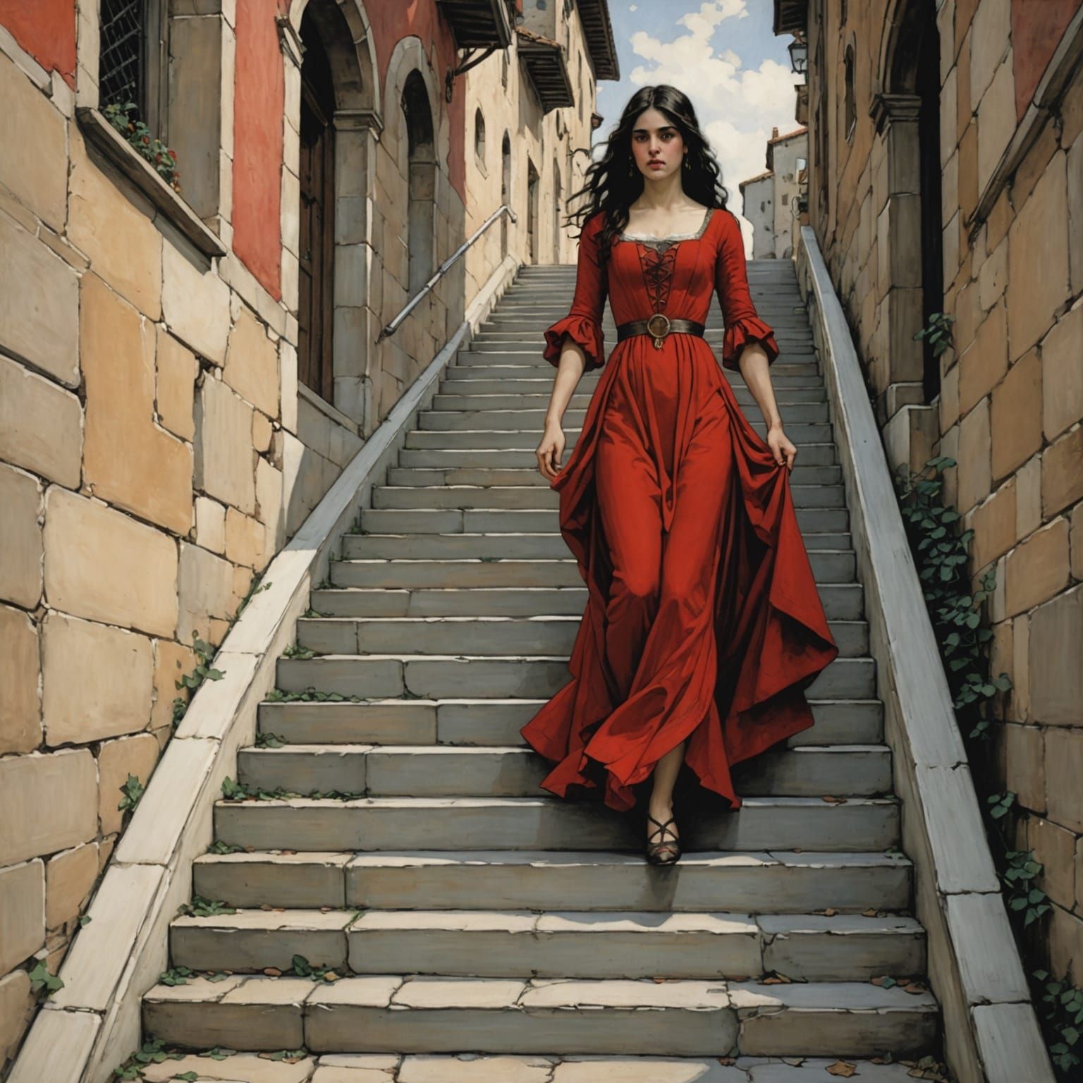 Medieval Woman in Red Descends White Stairs
