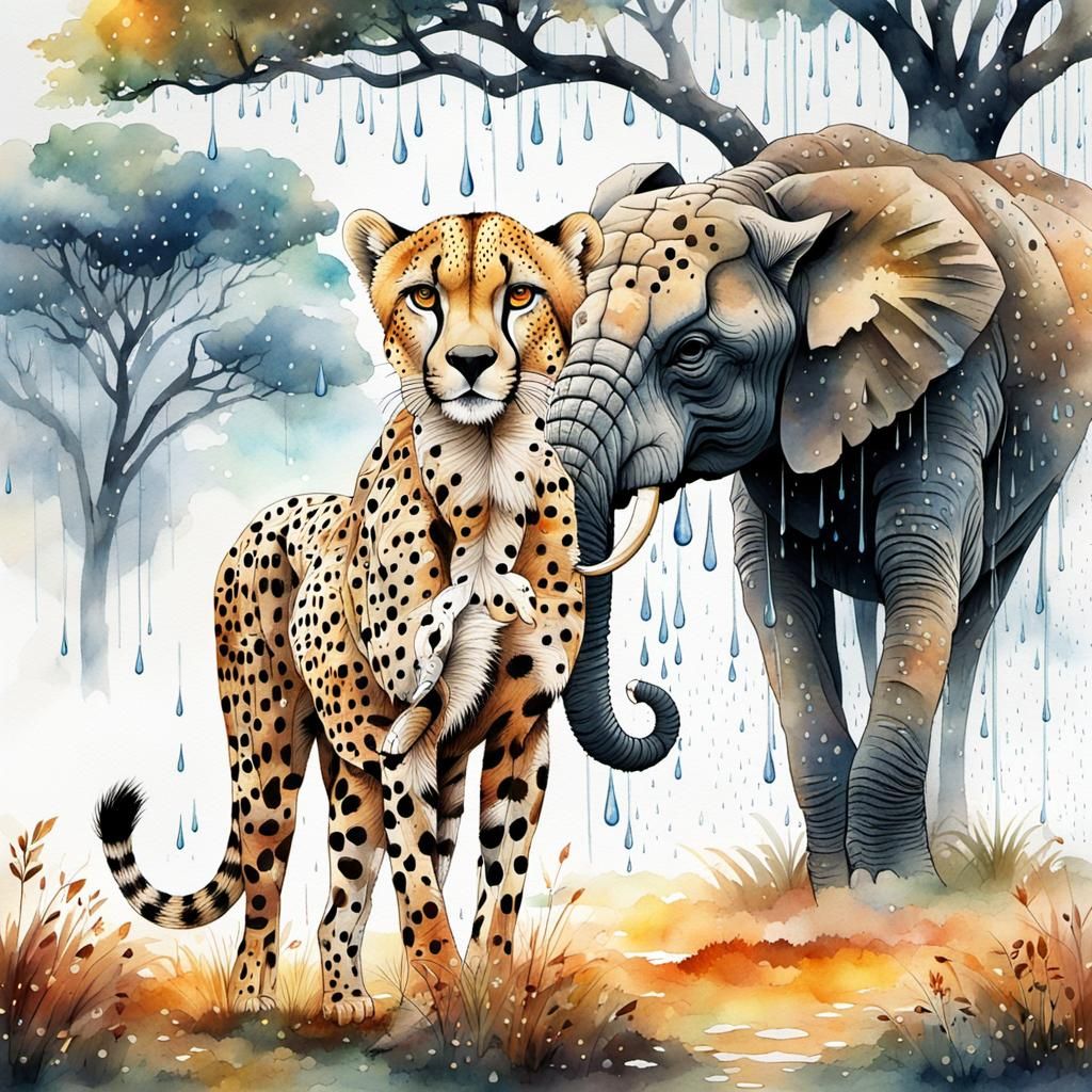 Watercolor Cheetah in Savanna Fairy-Tale Double Exposure
