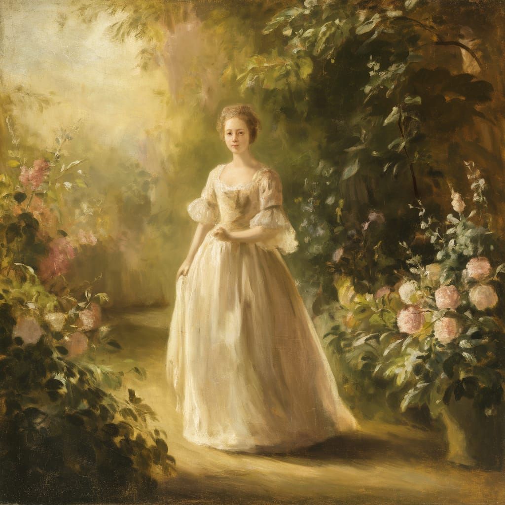 Elegant Lady in 18th Century Garden Scene