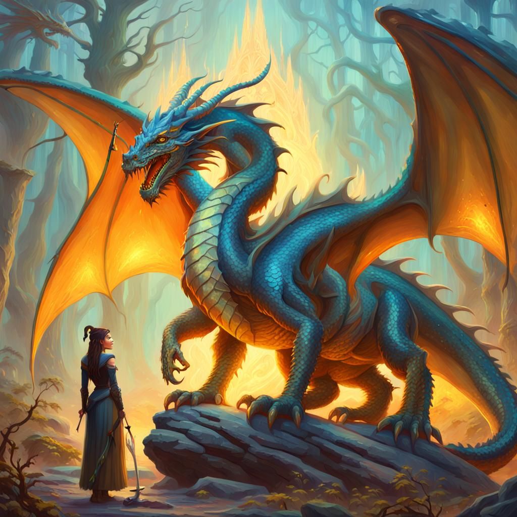 Dragon and Sorceress in Mystical Forest, Oil Painting