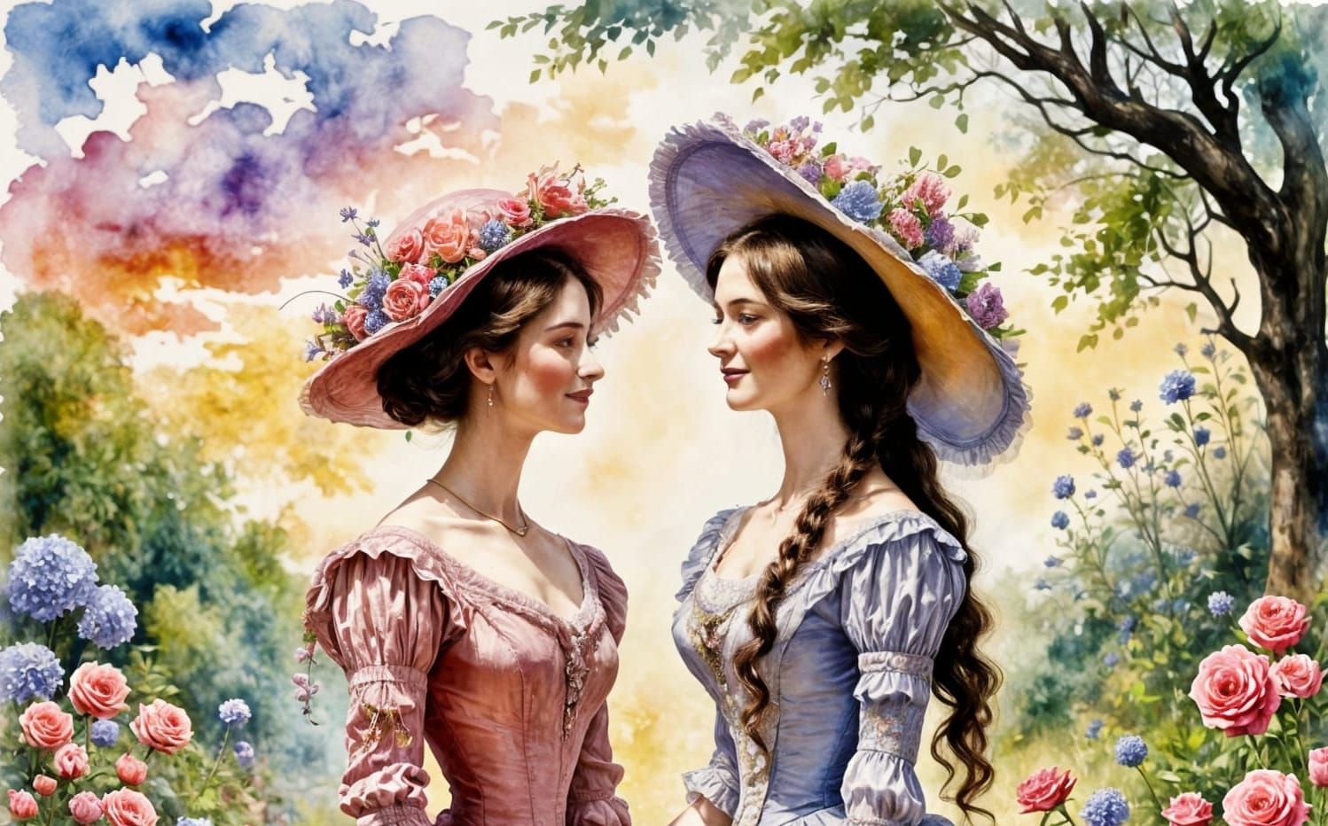 Victorian Ladies in a Whimsical Garden