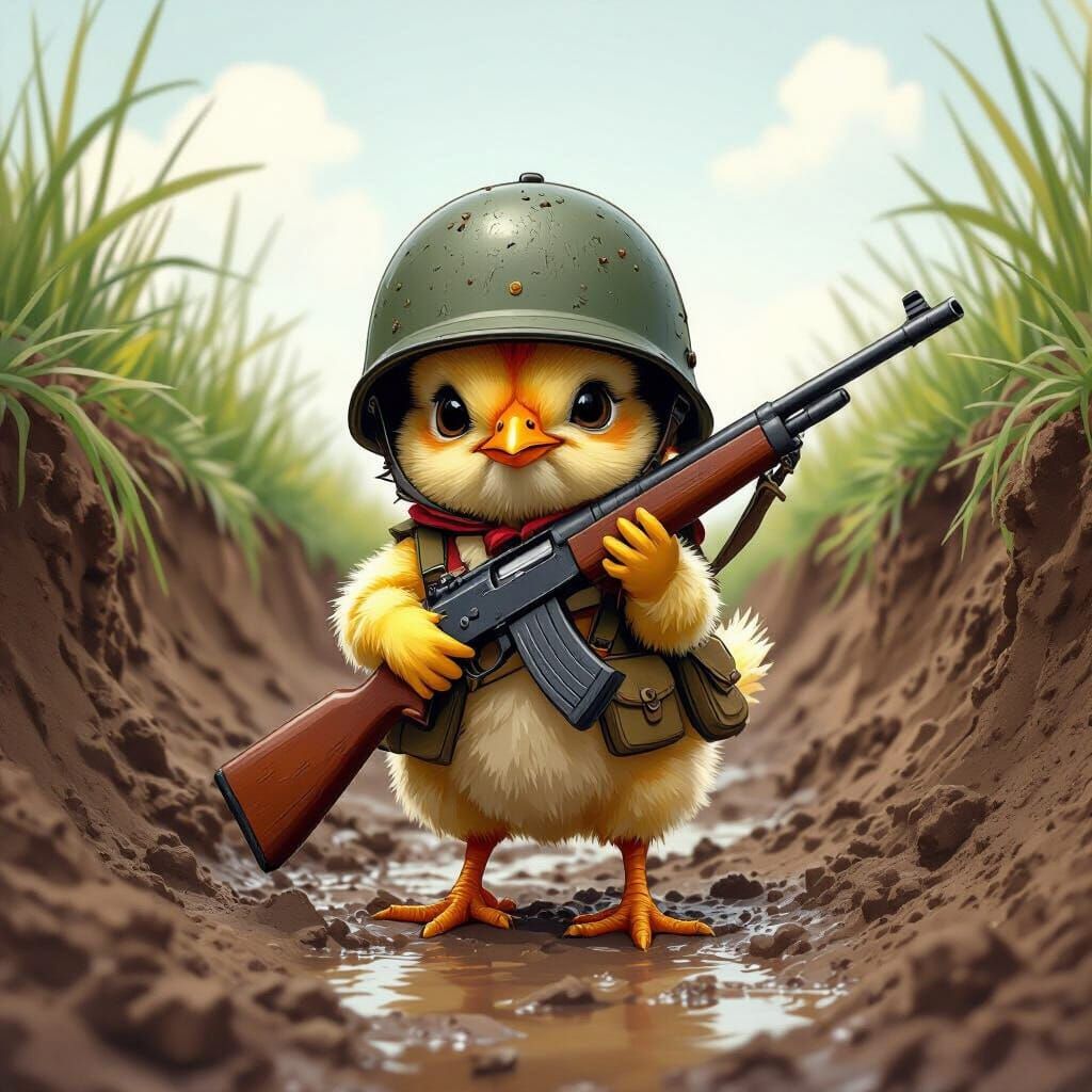 Chicken Soldier in WW1 Trench, Whimsical Art Style