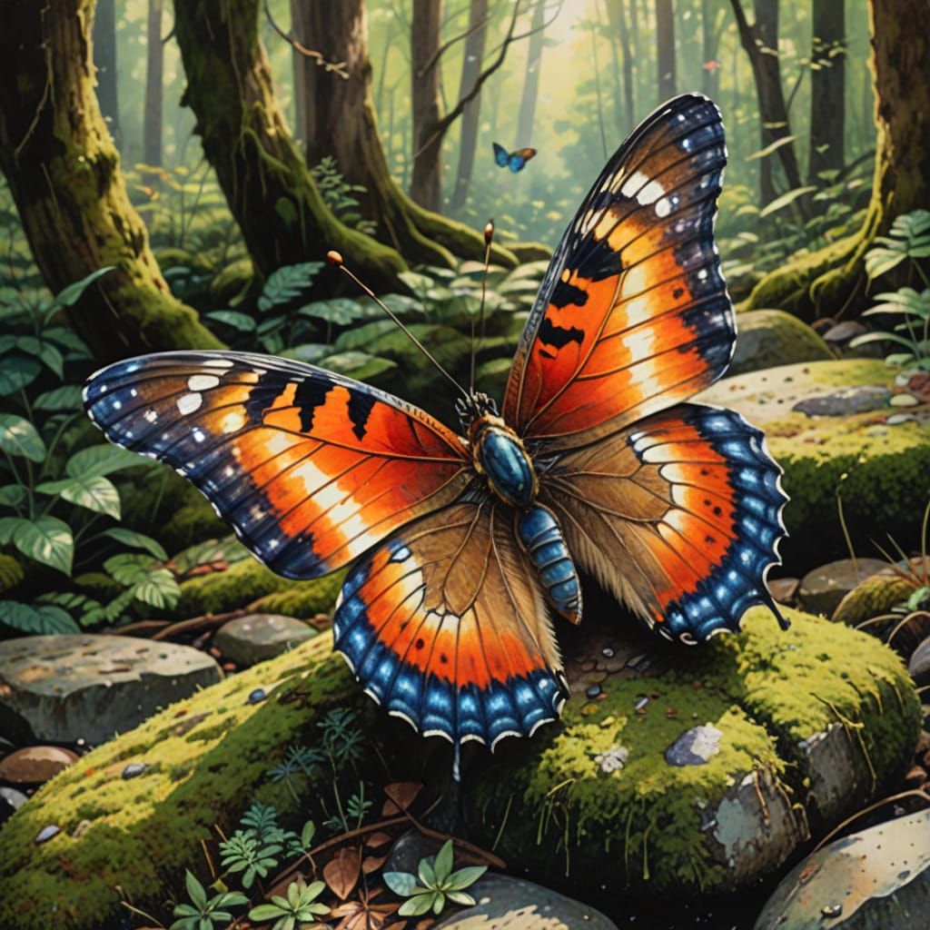 Butterfly on Moss Stone: Watercolor Splash Art