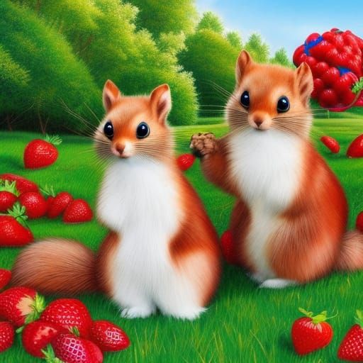 Adorable Squirrels in Strawberry Field: 3D Digital Art