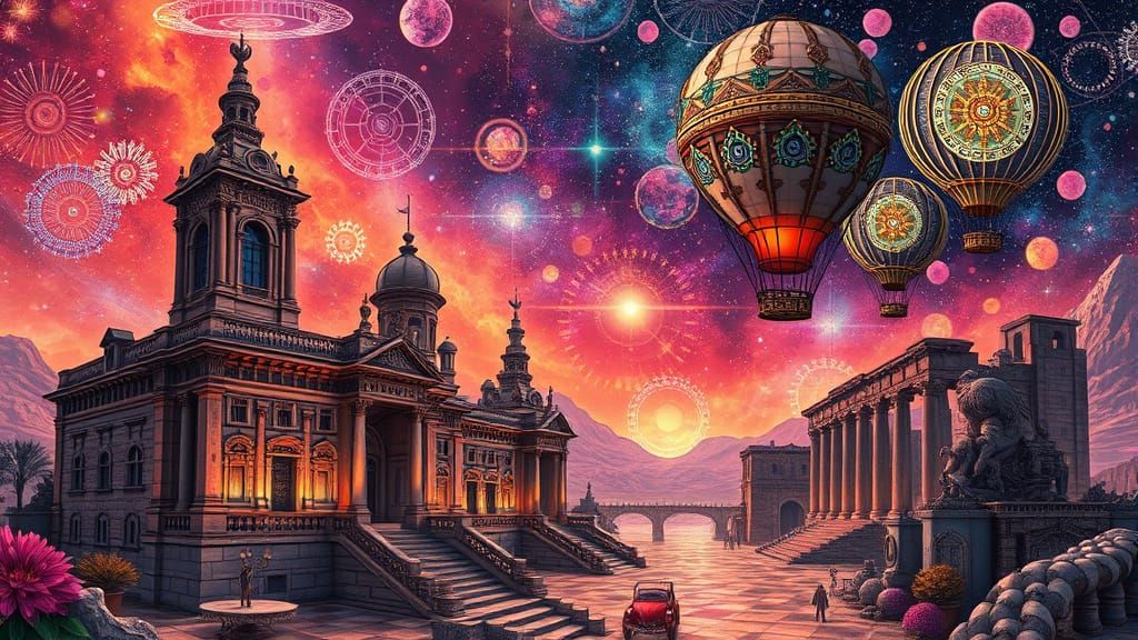 Steampunk Hot Air Balloons Over Ancient Ruins in Rose Gold C...