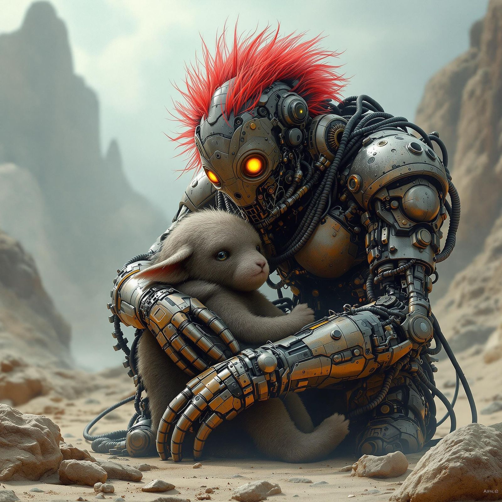 Dieselpunk Golem Cradling a Baby Mammoth