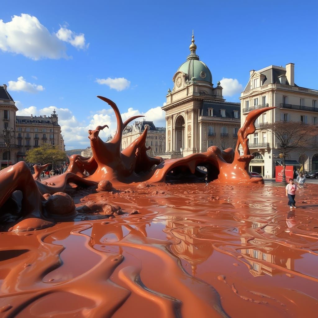 Chocolate Flood Sweeps Champs Elysees: Dreamlike Scene