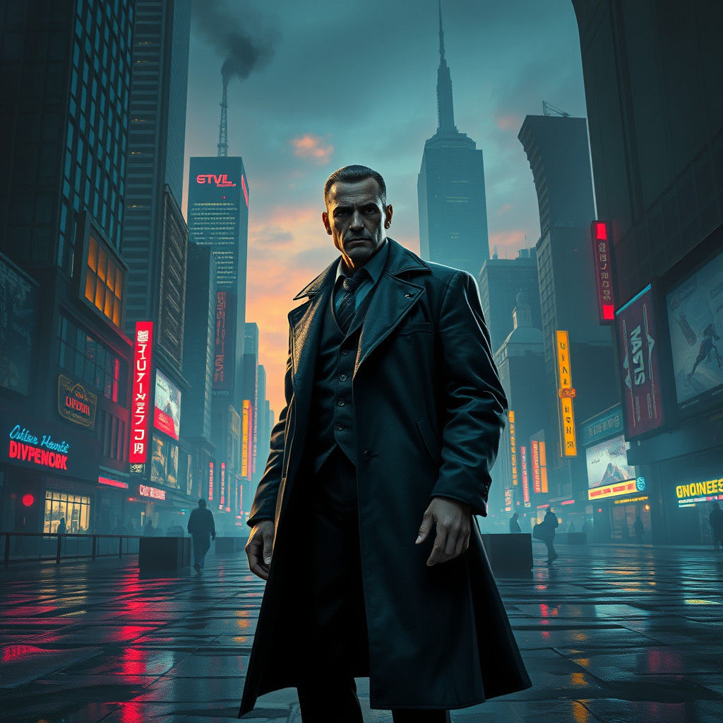 Gangster in Cyberpunk Cityscape: 8k Matte Painting