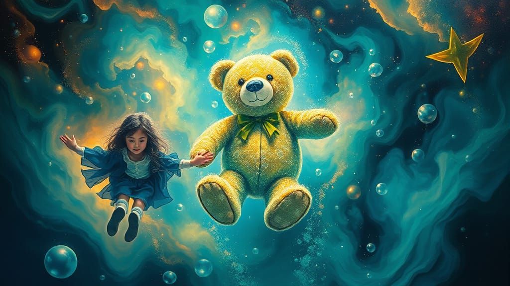 Bioluminescent Thumbelina & Bear in Emerald Sea