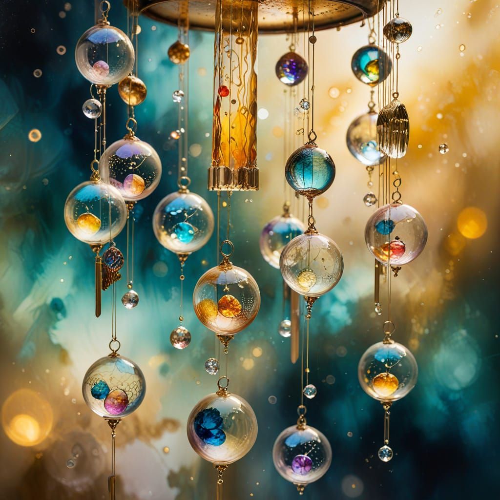 Crystal and Gold Windchimes in Alcohol Ink Wash