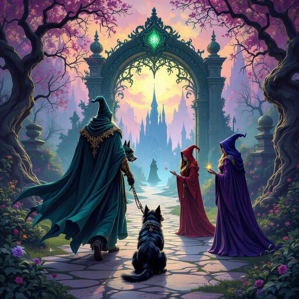 Fantasy Arch Mage and Three-Headed Dog in Arcane Park