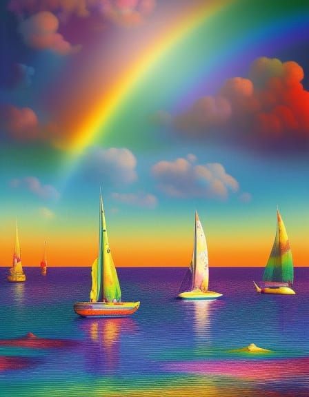 Rainbow Sailboats in Pointillist Surrealism