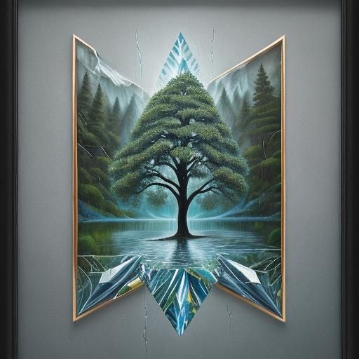 Cracked Painting: Trees Reflected in Rainwater