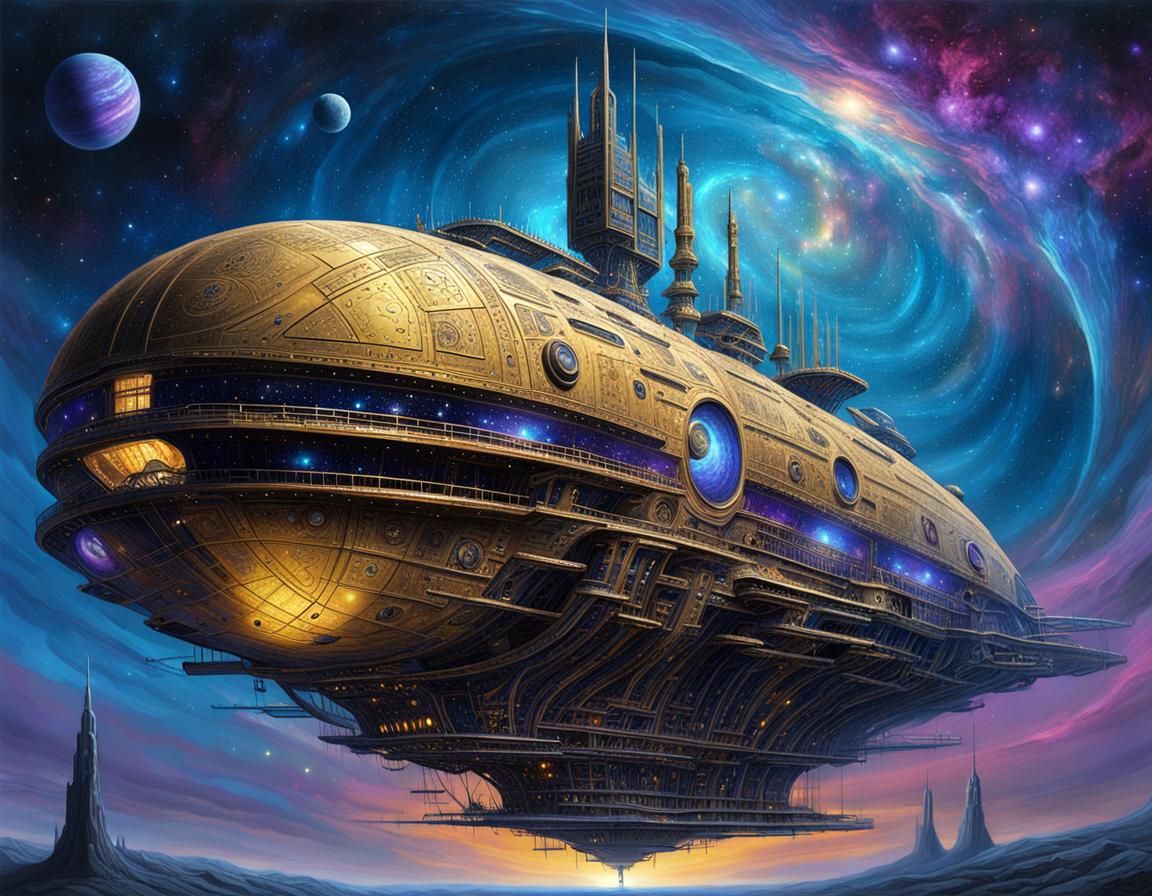 Gothic Futuristic Vessel Sailing Through the Galaxy