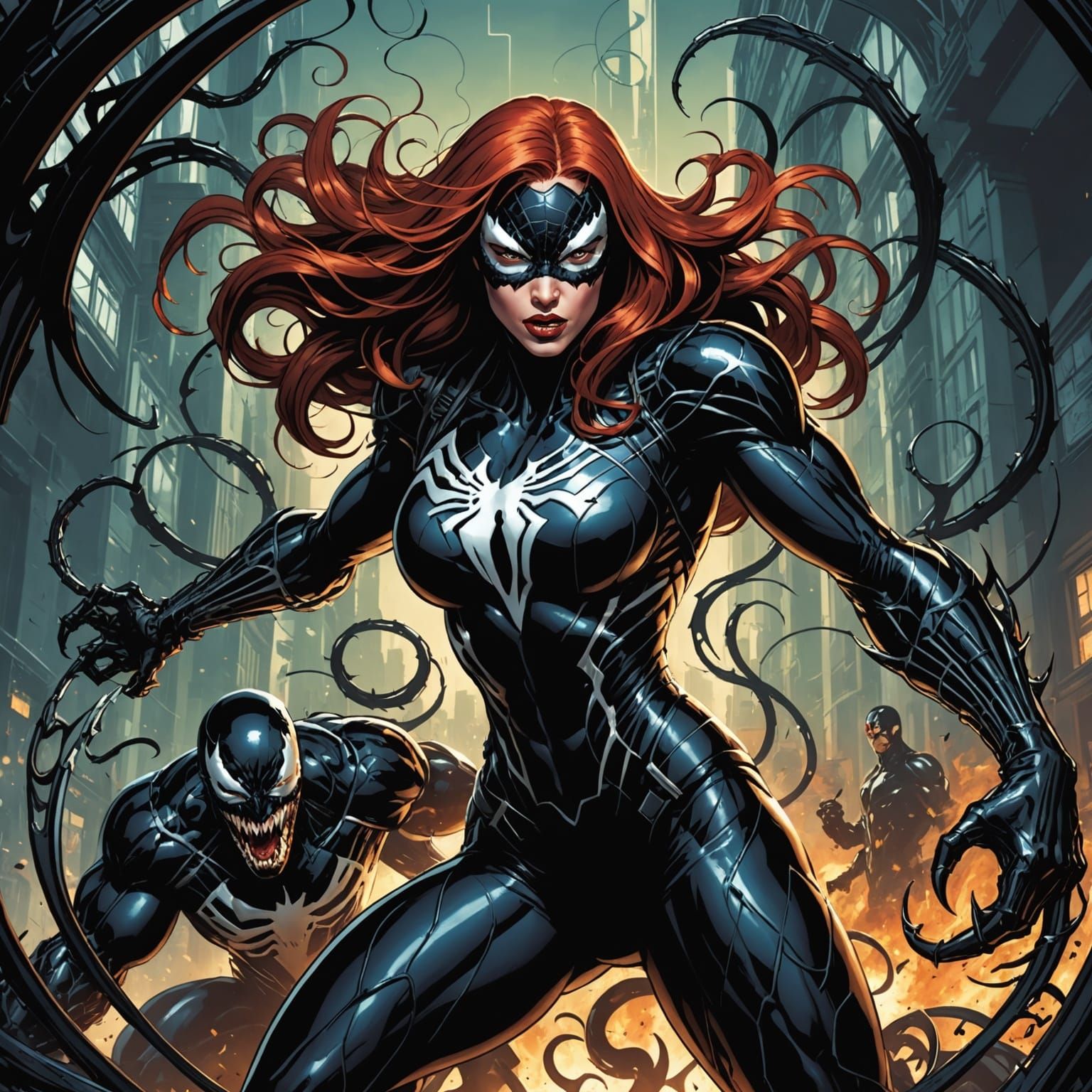 Venom Symbiote and Black Widow Comic Art