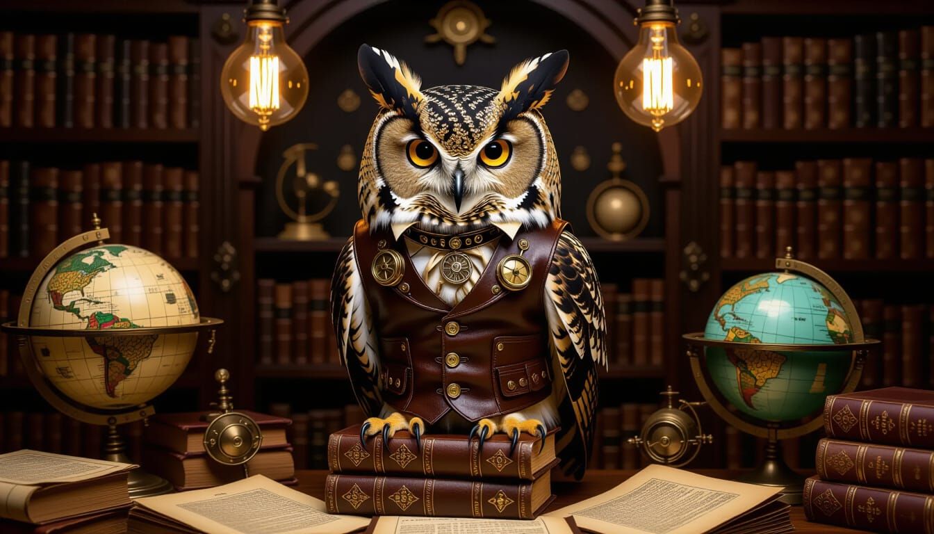 Steampunk Owl in Gothic-Art Nouveau Library