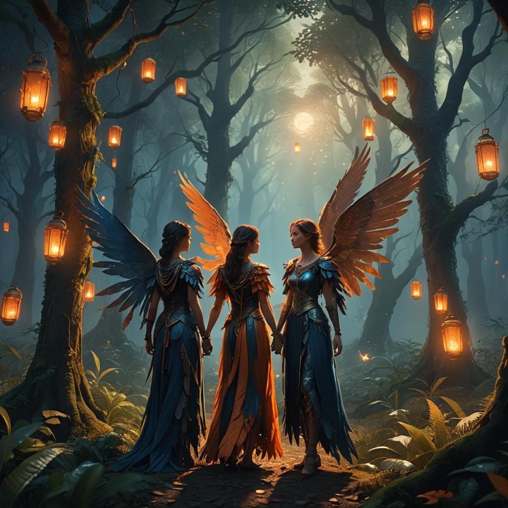 Enchanting Forest Scene with Winged Woman: Fantasy Art