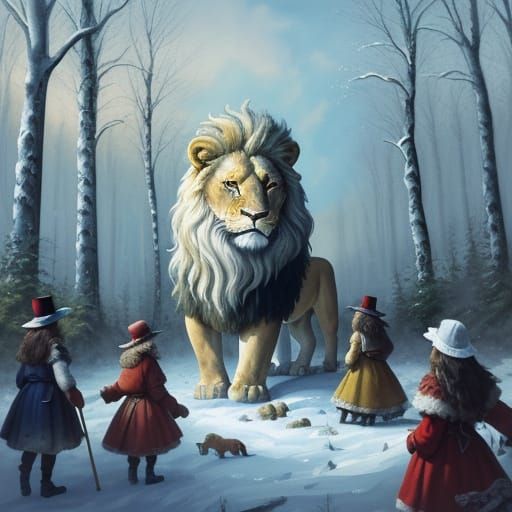Lion Witch and Children in Snowy Forest Gouache Masterpiece