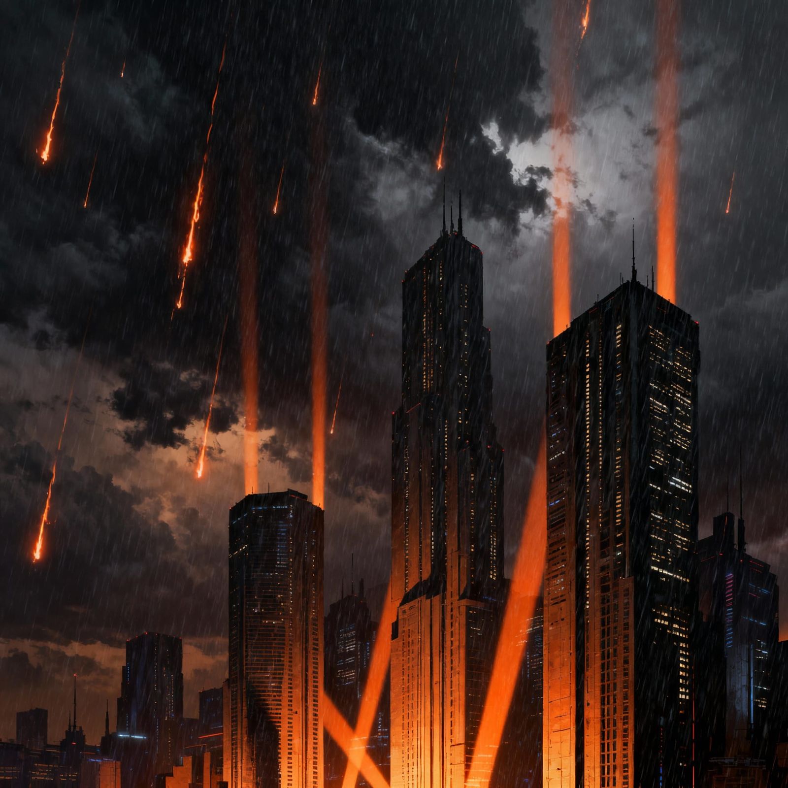 Fiery Rain Over Modern Cityscape in Dramatic Style