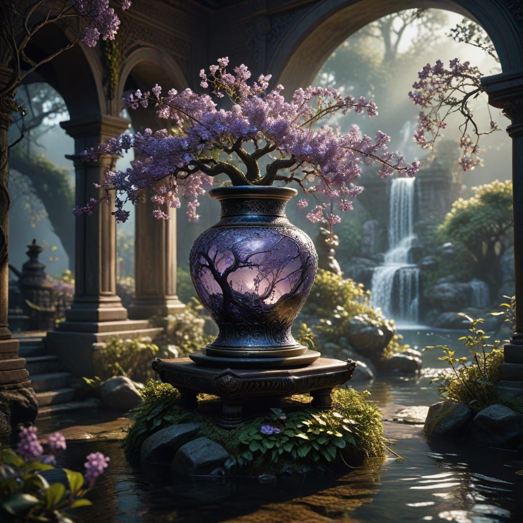 Ornate Lilac Vase with Japanese Garden in Photorealistic Sty...