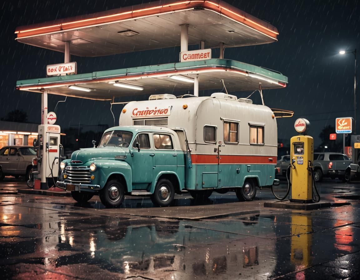 1950s Camper Van at Gas Station in Neon Drizzle
