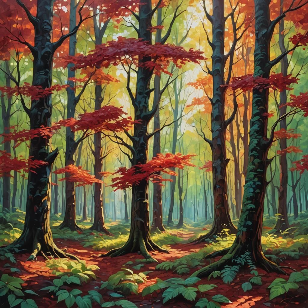 Vivid Red Forest in Oil Painting Style