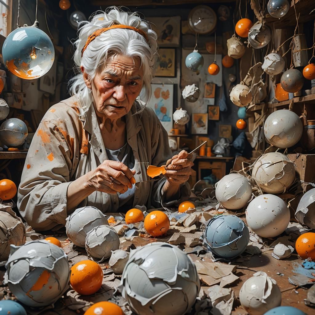 Hyperrealistic Old Woman with Toys and Paintings