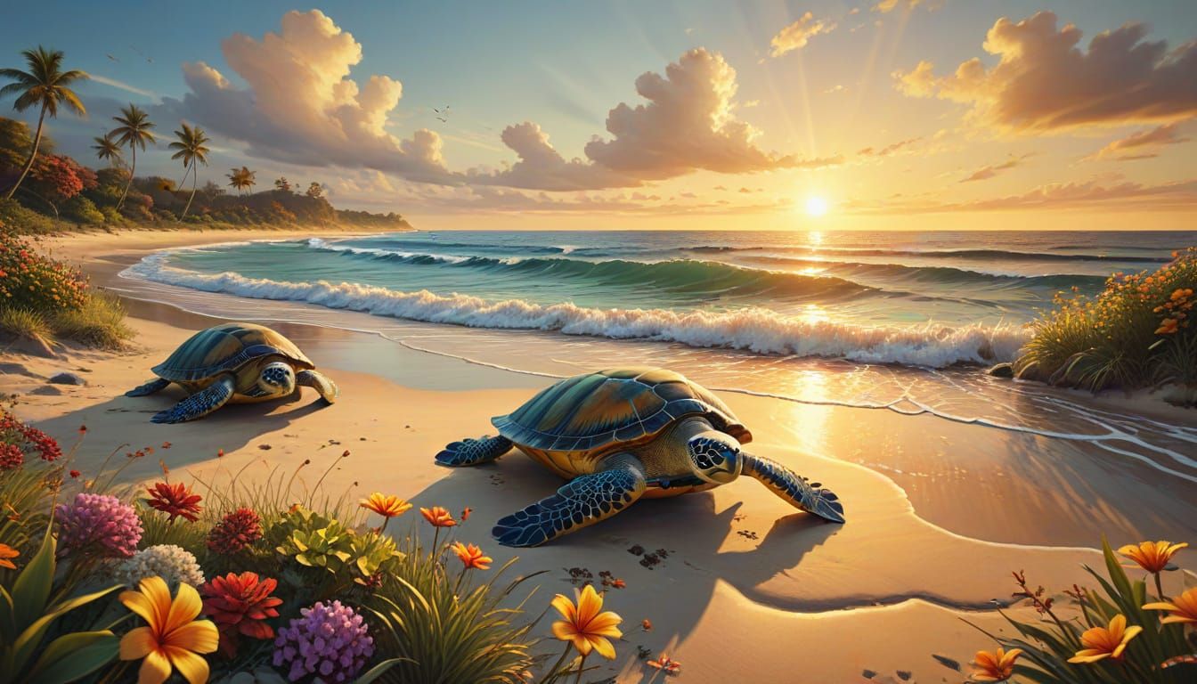 Paradise Ocean Sunset with Sea Turtles: Oil Painting