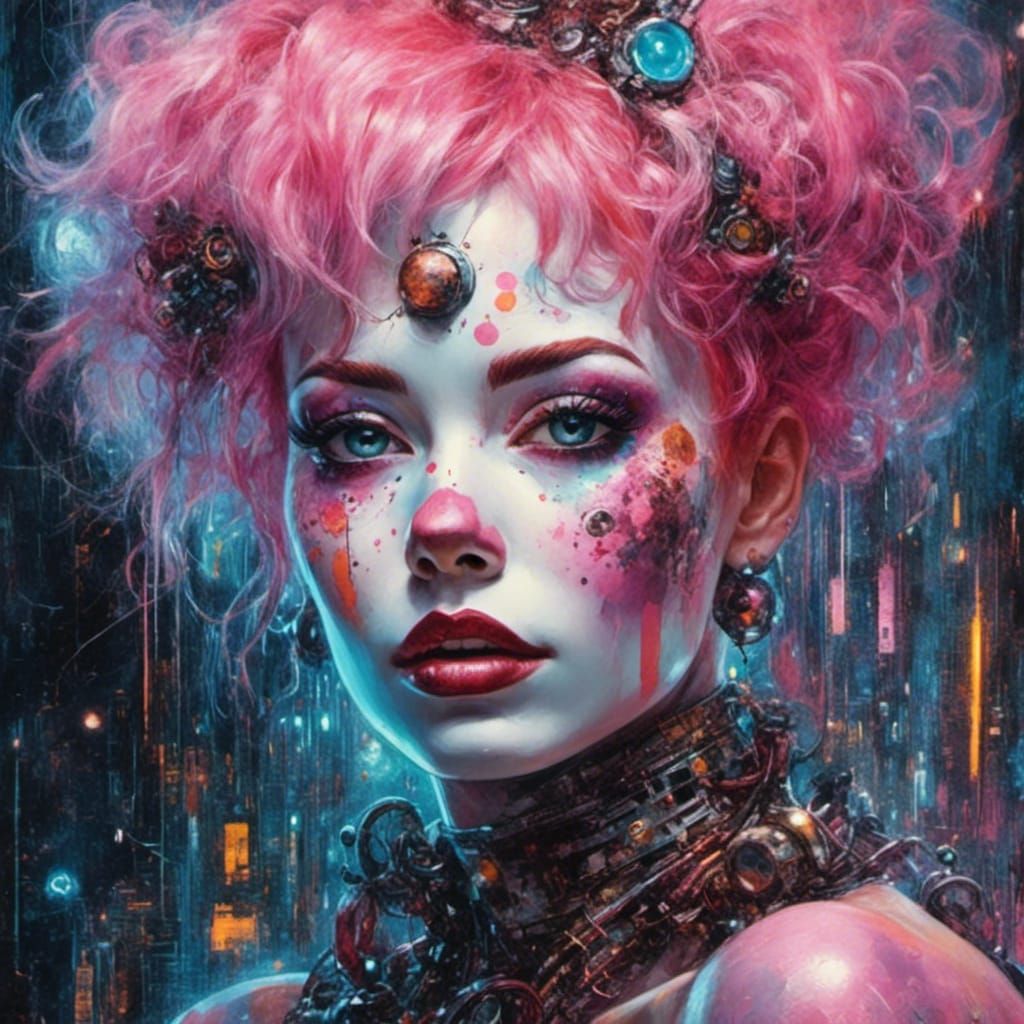 Neon Cyborg Clown: Mixed-Media Collage Portrait