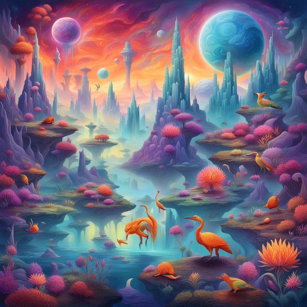 Fantastical Creatures Dance in Surreal Space Art