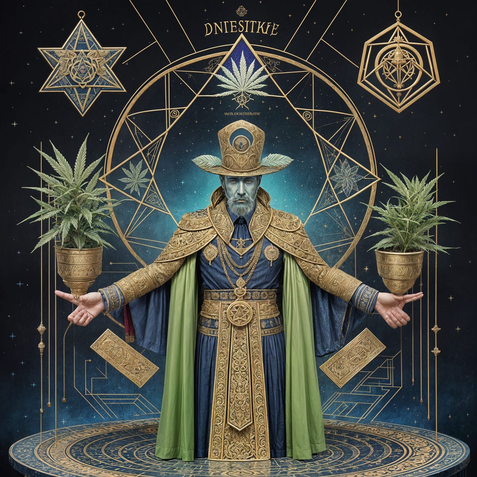 Surreal Ringmaster Cannabis Researcher in Masonic Regalia
