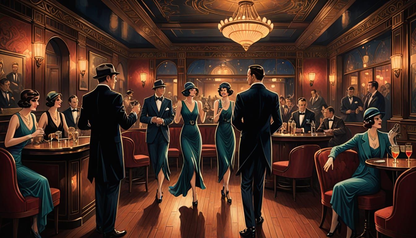 Vibrant 1920s Speakeasy Illustration with Jazz Music