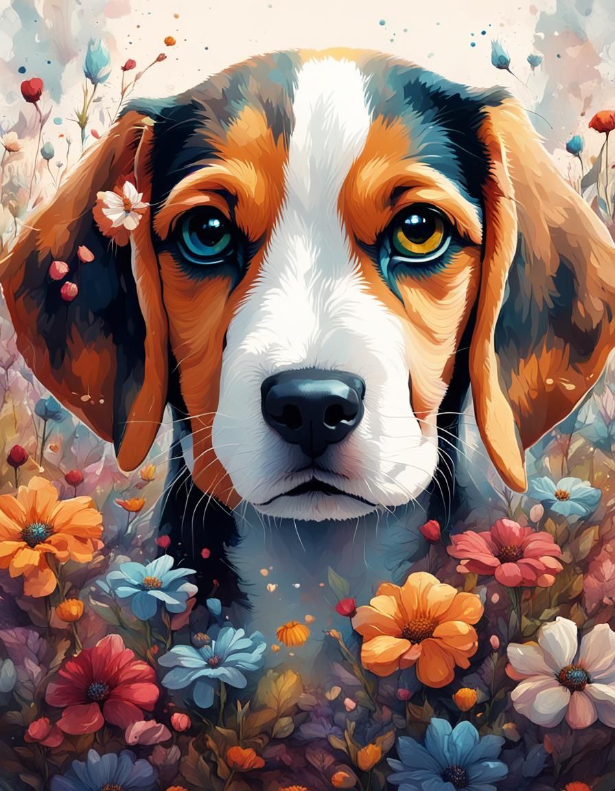 Adorable Beagle Puppy Portrait with Floral Background