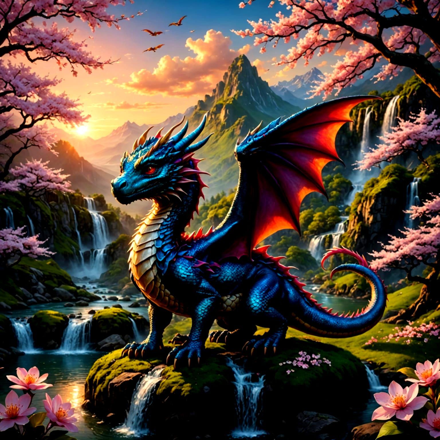 Majestic Baby Dragon Amidst Cherry Blossom Valley