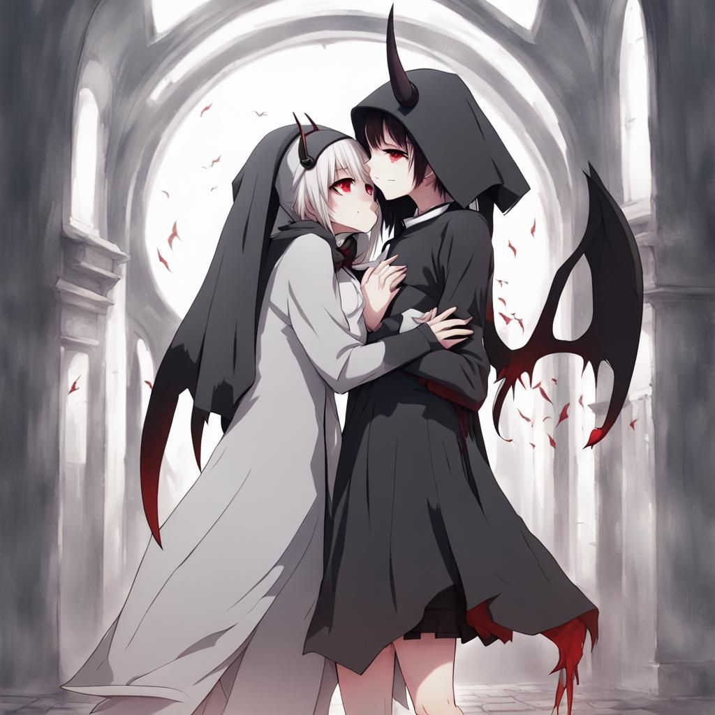 Nun and Demon Girl Hugging in Anime Style