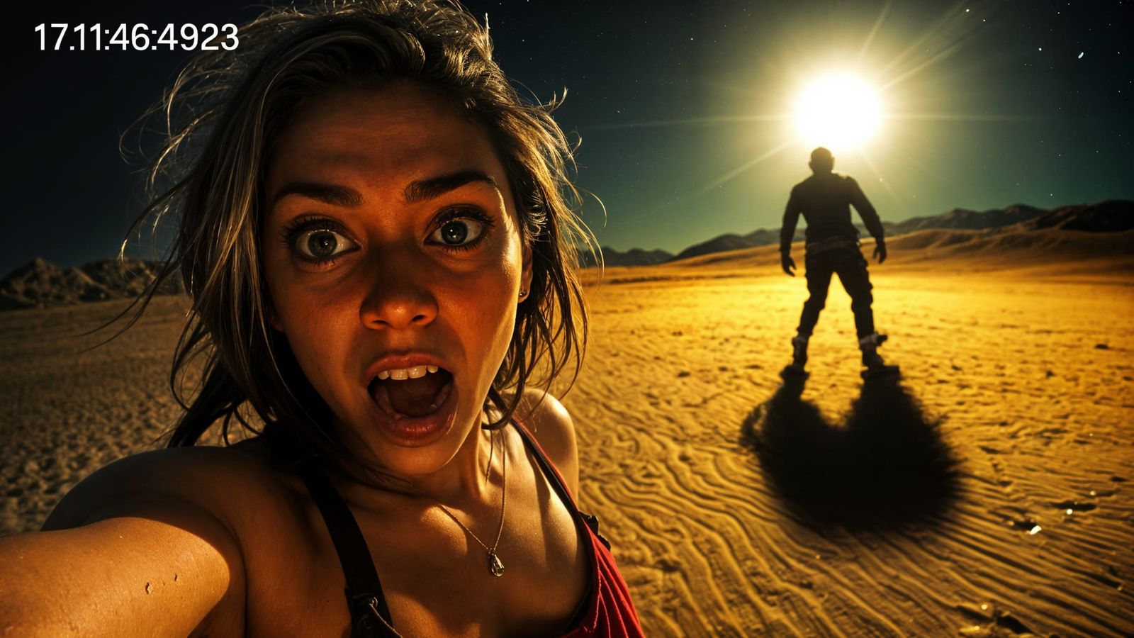 Panicked Selfie in Moonlit Desert with Approaching Silhouett...