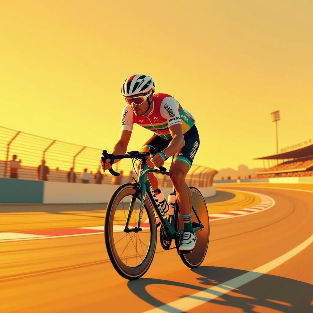 Cyclist Races on Track in Retro-Futuristic Style