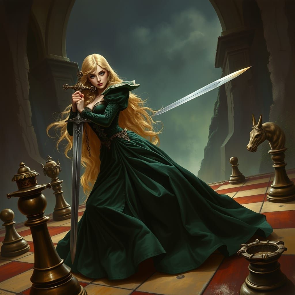 Medieval Princess on Chessboard in Fantasy Style