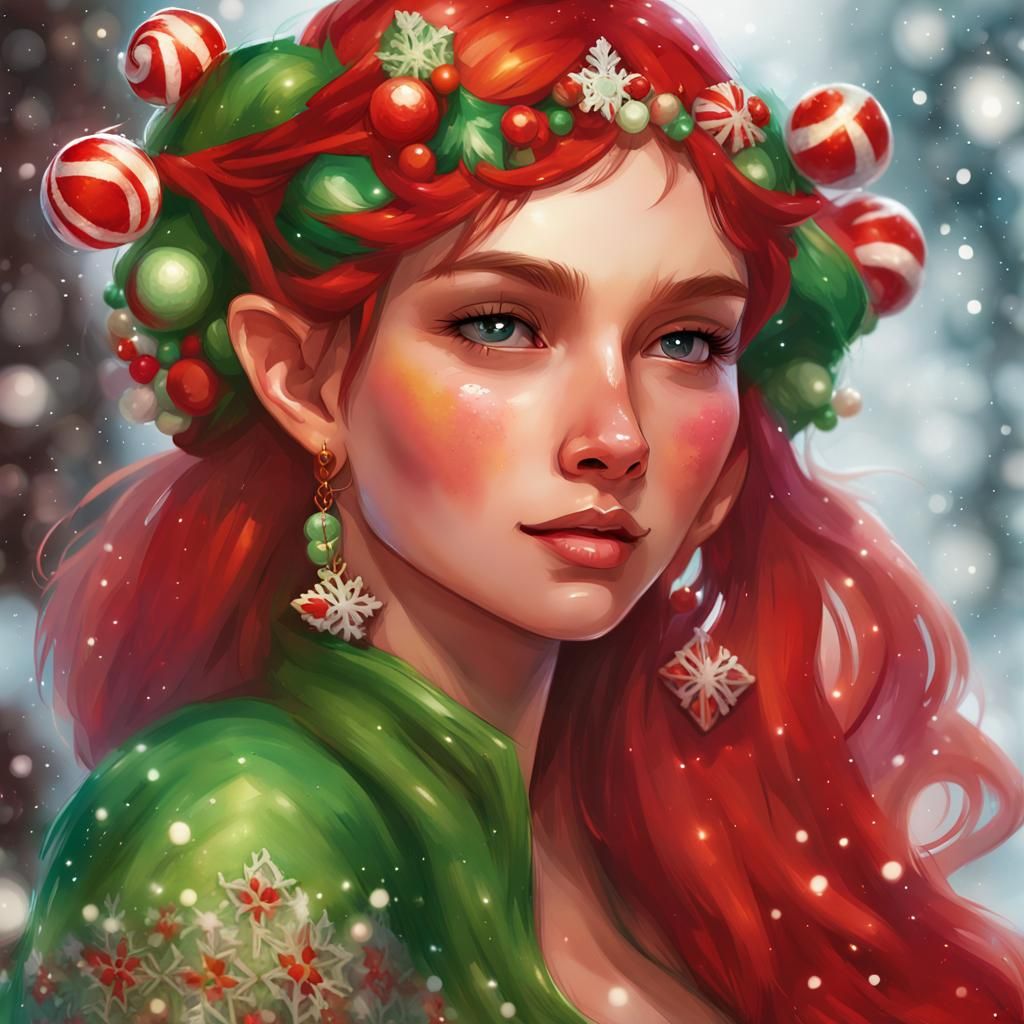 Festive Elf Girl in Christmas Workshop, Watercolor Art