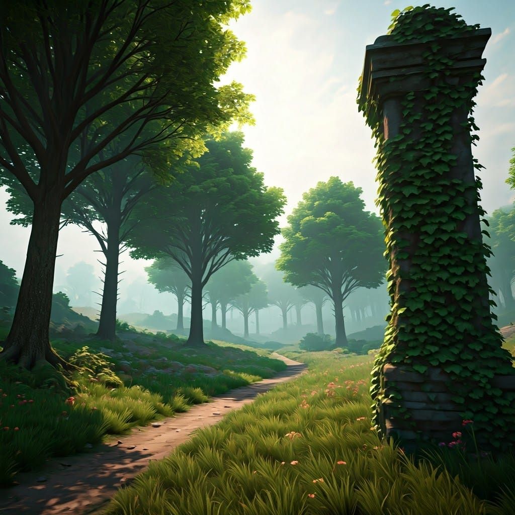 Ethereal Rural Realm with Lush Trees and Ancient Pillar