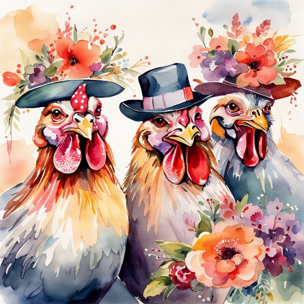 Chickens Laughing in Cityscape Watercolor