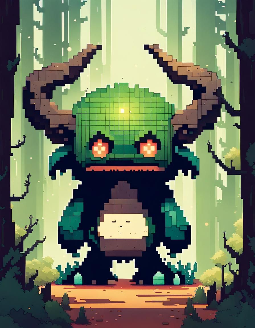 Adorable Pixel Art Monster in Detailed Forest