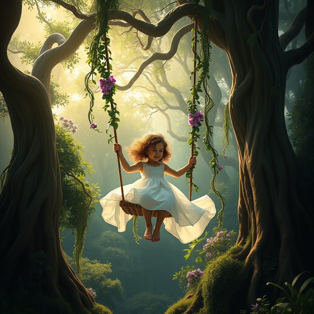 Girl Swings on Vines in Fantastical Forest